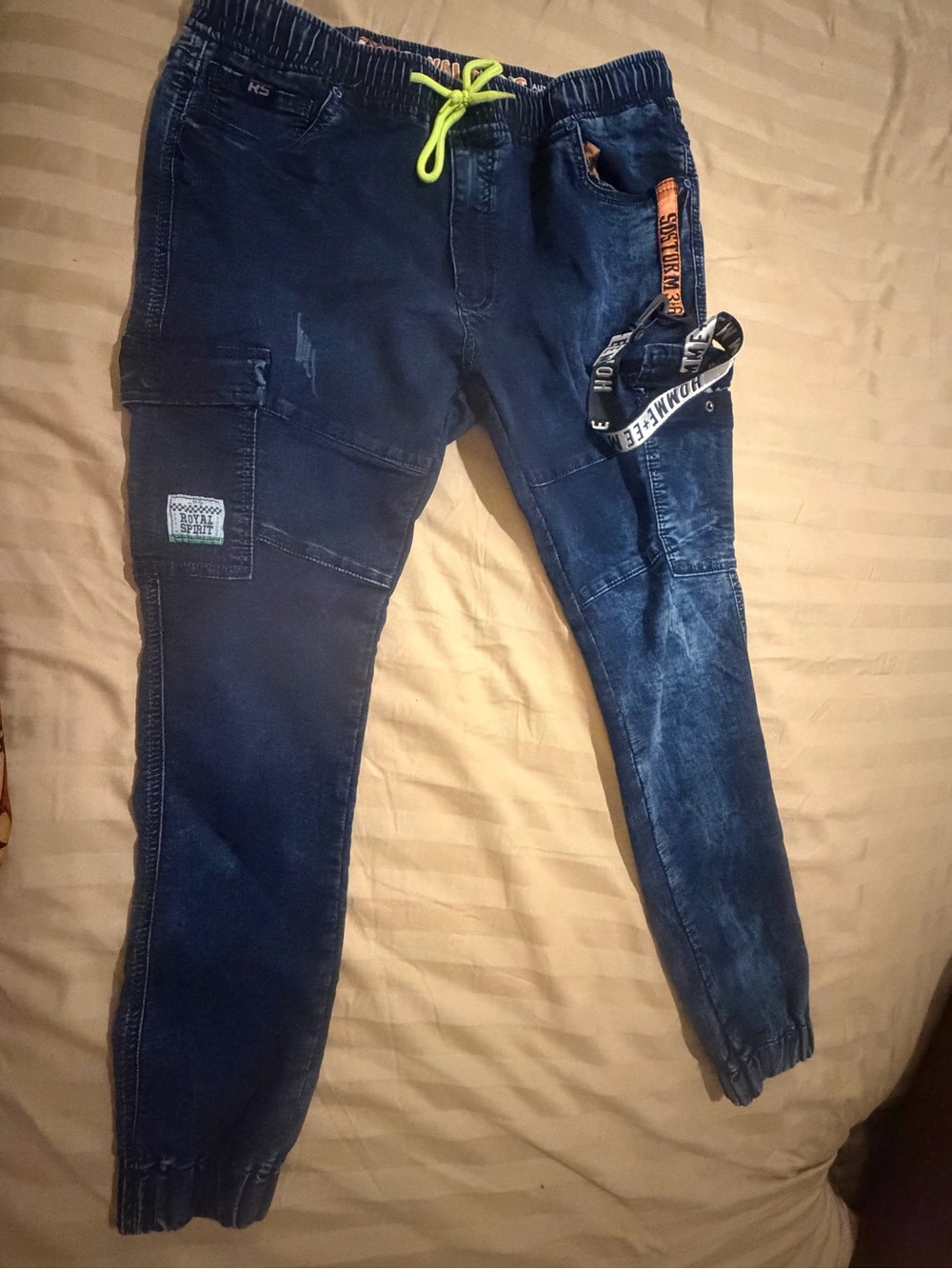 Men's Navy Cargo Jogger Pants with Neon Drawstring